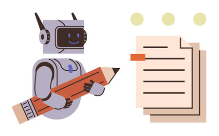 Smiling robot holding a pencil with stacked documents nearby. Ideal for creativity, technology, AI, content creation, education, automation, and innovation. Simple flat metaphorのイラスト素材