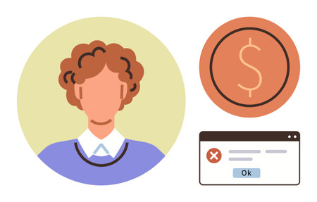 A faceless individual with a professional outfit, dollar symbol, and browser error popup with Ok button. Ideal for finance, debt, failed transactions, errors, troubleshooting, online paymentsのイラスト素材