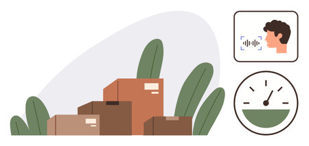 Stack of parcels surrounded by plants, face using voice assistant icon, and speed gauge. Ideal for logistics, voice control, shipping, automation, AI, delivery efficiency simple flat metaphorのイラスト素材