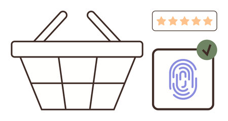 Shopping basket with biometric fingerprint verification, five-star customer ratings, and a green checkmark. Ideal for online shopping, security, customer feedback, trust, e-commerce, consumerのイラスト素材