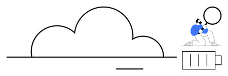 Cloud shape with horizontal line suggesting storage, user in blue managing files, low battery icon. Ideal for technology, data, cloud computing, storage, energy, productivity simple flat metaphorのイラスト素材