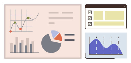 Analytics dashboard with line graph, bar chart, pie chart, and checklist interface. Ideal for reports, business, data visualization, strategy analysis decision-making and presentations. Simpleのイラスト素材
