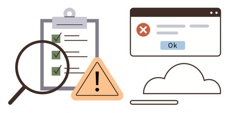 Checklist with magnifying glass, triangular warning, browser error message, and cloud element. Ideal...