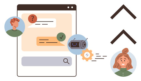 AI chatbot in a chat interface answers user queries, with avatars and arrows indicating user interaction. Ideal for communication, support, automation, AI, user experience, technology, networkingのイラスト素材
