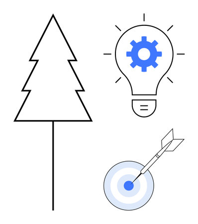 Evergreen tree, light bulb with gear, and dart hitting center of target. Ideal for innovation, sustainability, success, creativity, growth goal setting problem-solving. Simple flat metaphorのイラスト素材