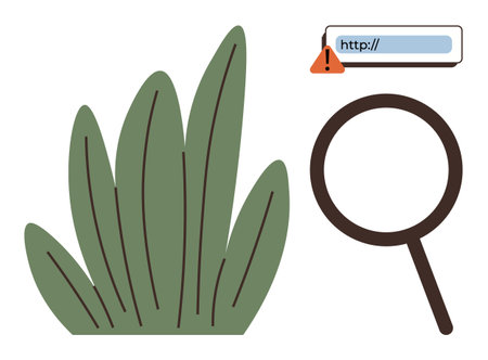 Magnifying glass examining hidden dangers symbolized by grass and online URL with warning alert. Ideal for cybersecurity, online safety, threat detection, caution, investigation, hidden risksのイラスト素材