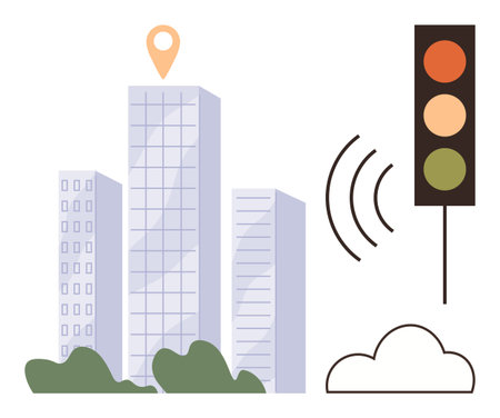 Modern cityscape with tall skyscrapers, traffic light with wireless signal, geolocation marker, and greenery. Ideal for urban planning, smart technology, transportation, IoT, modern livingのイラスト素材
