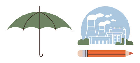 Green umbrella beside power plant emitting smoke in circular sky, paired with orange pencil. Ideal for sustainability, innovation, environmental impact, climate protection, industry, creativityのイラスト素材