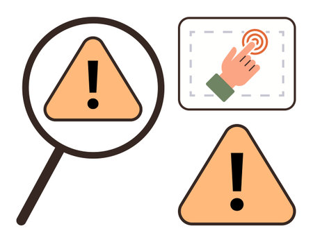Magnifying glass focusing on triangle caution sign and hand tapping alert indicator. Ideal for safety, warning, attention, error, security, research, hazard indication. Simple flat metaphorのイラスト素材