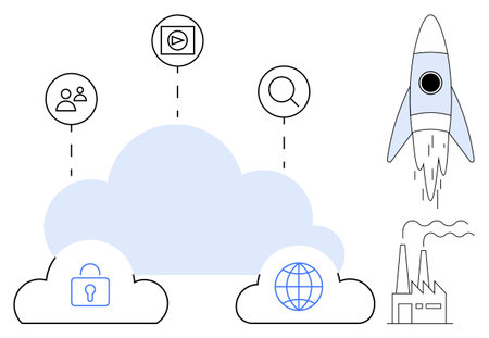 Cloud network links lock, globe, media icons to users. Rocket launches for innovation. Factory symbolizes industry growth. Ideal for technology, business, security, automation innovation digitalのイラスト素材