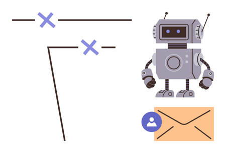 Robot beside a virtual envelope and user profile indicating automation. Ideal for AI, automation, digital communication, email management, technology, data processing, simple flat metaphorのイラスト素材