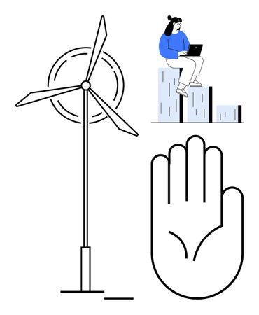 Wind turbine and raised hand represent sustainability and action. Worker seated atop bar chart symbolizes analytics and progress. Ideal for environment, technology, innovation, teamworkのイラスト素材