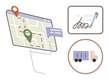 Route map with location pins, digital signature pad, and delivery truck. Ideal for logistics, transportation, shipment tracking, delivery services, route planning, digital logistics simple flatのイラスト素材