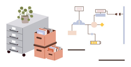File cabinet, books in storage boxes, and a flowchart connecting energy and technology. Ideal for...