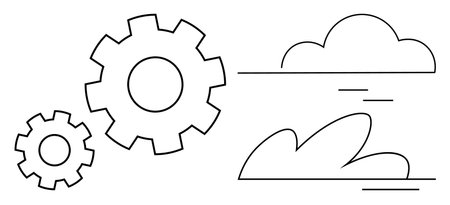 Two interlocking gears symbolizing industry and productivity paired with clouds for nature and balance. Ideal for technology, innovation, environment, sustainability, mechanics, creativity, progressのイラスト素材