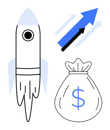 Rocket launching alongside upward arrows and a money bag with a dollar sign. Ideal for themes of business growth, financial success, investment, progress, innovation, startups, and achievement. Aのイラスト素材