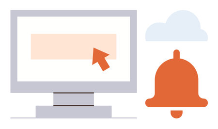 Computer screen with cursor pointing to a highlighted area, orange bell indicating notification,...