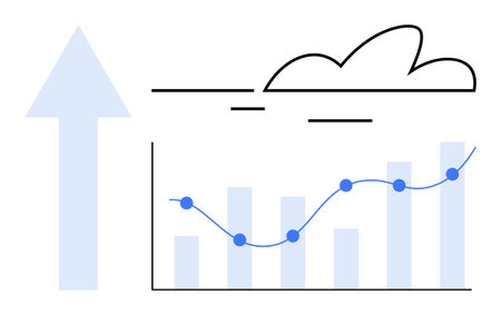 Bar chart with upward trend line, large upward arrow, and cloud element above suggesting progress,...