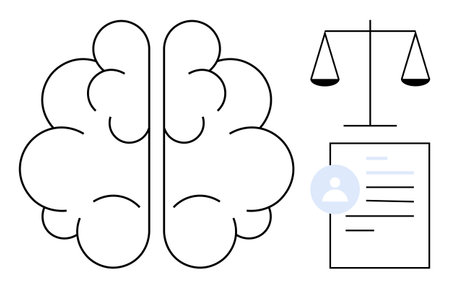 Brain outline, scales of justice, and document with user profile symbolizing decision-making, ethics, law. Ideal for justice, mental health, fairness, responsibility equality balance rationalityのイラスト素材