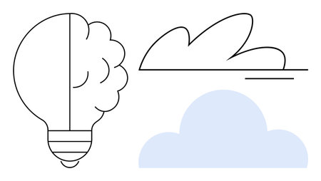 Brain-shaped lightbulb and abstract clouds emphasize creativity, innovation, and imagination. Ideal for brainstorming, inspiration, mind growth, problem-solving, vision, strategy simple flatのイラスト素材