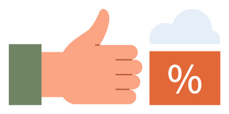 Hand giving thumbs up gesture next to percentage icon inside cloud. Ideal for approval, rating, success, online feedback, reviews, discounts, satisfaction. Clean simple flat metaphorのイラスト素材