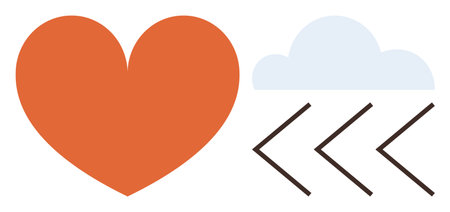 Orange heart beside a light blue cloud and three chevrons. Ideal for emotion, creativity, connection, progress, inspiration, communication, and minimalism concepts. Simple flat metaphorのイラスト素材