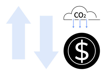 Up and down arrows, CO2 emission symbol above a dollar coin. Ideal for climate change, carbon pricing, emission trading, sustainability, economics, environment and global policy. Simple flatのイラスト素材