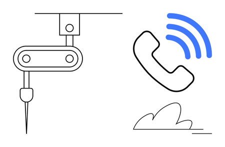 Robotic arm performing task next to ringing telephone receiver with sound waves. Ideal for automation, customer support, smart technology, innovation, communication, connectivity, minimalisticのイラスト素材