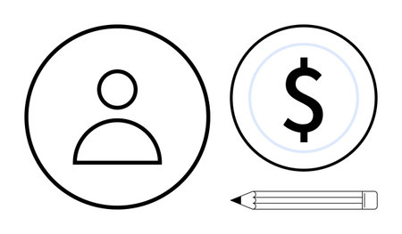 Circular avatar icon, dollar sign in a circle, and pencil symbol for finance, creativity, user profile, professional tools, analysis, planning, and minimalistic flat metaphorのイラスト素材