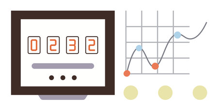 Digital counter displaying numeric data paired with a multi-point line graph. Ideal for data analysis, progress tracking, statistics, data-driven decision-making, business performance, digital toolsのイラスト素材