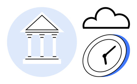 Bank with columns, cloud, and clock outline illustrating traditional finance, digital evolution, and time. Ideal for banking, cloud solutions, fintech, time management innovation modern servicesのイラスト素材