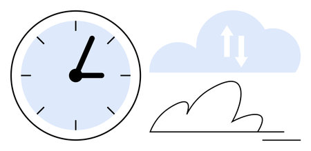 Clock showing time alongside a cloud icon with arrows illustrating syncing. Ideal for time tracking, productivity, cloud storage, workflow, data, connectivity, teamwork, simple flat metaphorのイラスト素材