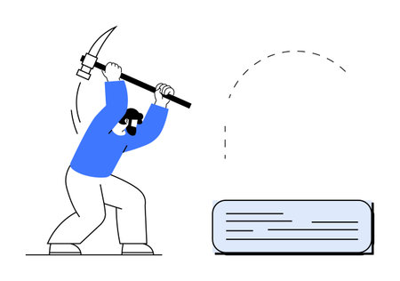 Man swinging pickaxe to extract information represented as a large block of text. Ideal for data extraction, mining, hard work, effort, research, technology, and determination. Simple flat metaphorのイラスト素材