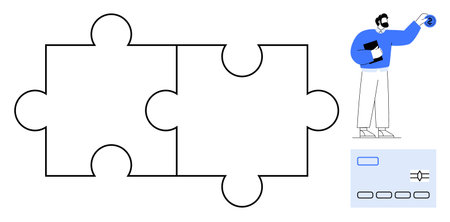Two interlocking puzzle pieces, professional holding a tablet, chart and controls. Ideal for teamwork, collaboration, strategy, solutions, success, productivity simple flat metaphorのイラスト素材