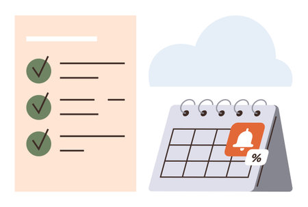 Checklist with green checkmarks alongside a calendar featuring a reminder bell icon. Ideal for planning, scheduling, task management, organization, productivity, goal setting, and time trackingのイラスト素材