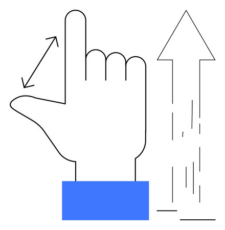 Hand with gesture for scaling or navigation alongside an abstract upward arrow. Ideal for technology, user interface, growth, navigation, progress, interaction, success. Minimal flat metaphorのイラスト素材