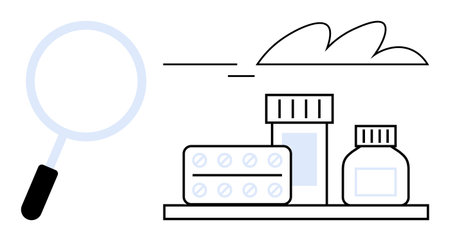 Magnifying glass inspecting medicine bottles, pill pack on a shelf under abstract cloud lines. Ideal for healthcare, research, pharmacy, diagnostics, medical studies, prevention, simple flat metaphorのイラスト素材