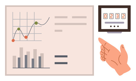Hand gesture towards financial bar charts, line graphs, and a scoreboard. Ideal for analysis, business growth, performance tracking, metrics, data monitoring, decision making simple flat metaphorのイラスト素材