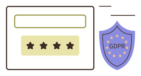 Password field with stars and data security shield labeled GDPR. Ideal for privacy, protection, compliance, cybersecurity, EU regulations, secure access, data management. Simple flat metaphorのイラスト素材