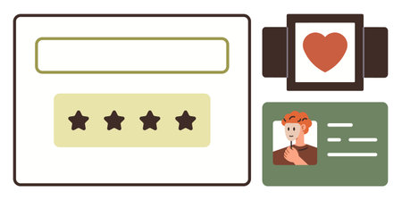 Star rating form for customer reviews, smartwatch tracking heart rate, and profile ID card. Ideal for feedback, identity verification, wearable technology, health tracking, evaluation, userのイラスト素材