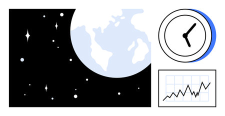 Earth in outer space accompanied by a clock and upward-trending chart. Ideal for global trends, time...