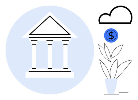 Bank building with pillars, growing plant in pot with dollar sign coin, minimal cloud. Ideal for finance, banking, investment, savings, economic growth, financial planning simple flat metaphorのイラスト素材