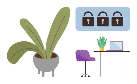 Potted plants, office desk, chair, laptop, and lock icons conceptually symbolize work-life balance, security, privacy, productivity online safety remote work and focus. A simple flat metaphorのイラスト素材