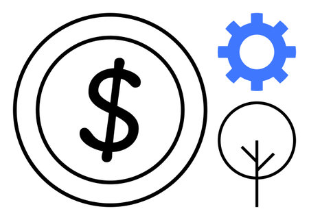 Dollar coin with a gear and a tree symbolizing finance, technology, and sustainability. Ideal for finance, investment, business growth, innovation, eco-friendliness economy planning. Simple flatのイラスト素材