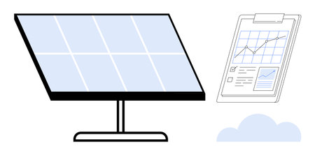 Solar panel on stand, clipboard with analytics charts, and cloud element emphasizing renewable energy growth. Ideal for sustainability, energy efficiency, green power, innovation, analysisのイラスト素材