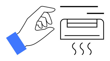 Hand adjusting air conditioner control emitting heat waves. Ideal for heating, energy efficiency, comfort, climate control, technology, smart home, eco-conscious living. Simple flat metaphorのイラスト素材