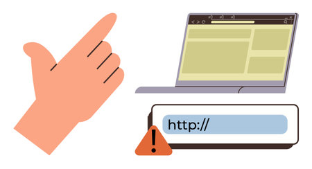 Hand pointing towards laptop browser interface with URL warning icon, portraying attention to unsafe websites. Ideal for cybersecurity, warning, online safety, web browsing, digital alert, educationのイラスト素材