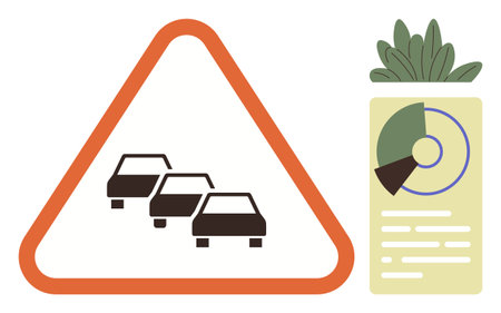 Red triangle sign with cars indicating traffic and congestion beside it, a data chart and plant symbolize analysis, sustainability, and eco-friendly insights. Ideal for transportation, data, ecologyのイラスト素材