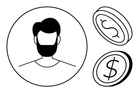 Male avatar inside a circle next to coins with dollar signs, representing finance, investment, income, business, economy, budgeting, and entrepreneurship. Ideal for simple flat metaphorのイラスト素材