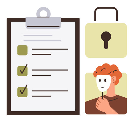 Checklist with check marks, secure lock icon, and person holding mask symbolizing identity and security. Ideal for privacy, data protection, cyber safety, identity security, compliance, ethicsのイラスト素材